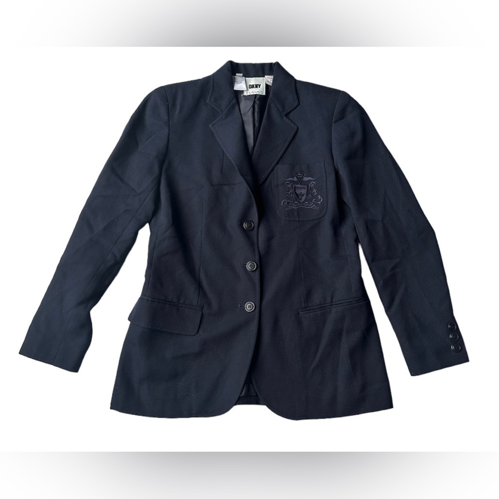 Vintage DKNY Classic Petite Blue Emblem Wool Blend Blazer Jacket Women’s Size 4P